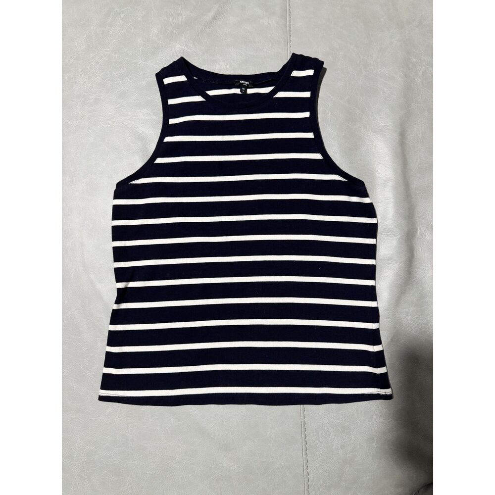 Express Navy Striped High Neck Ribbed Fitted Tank Top XL